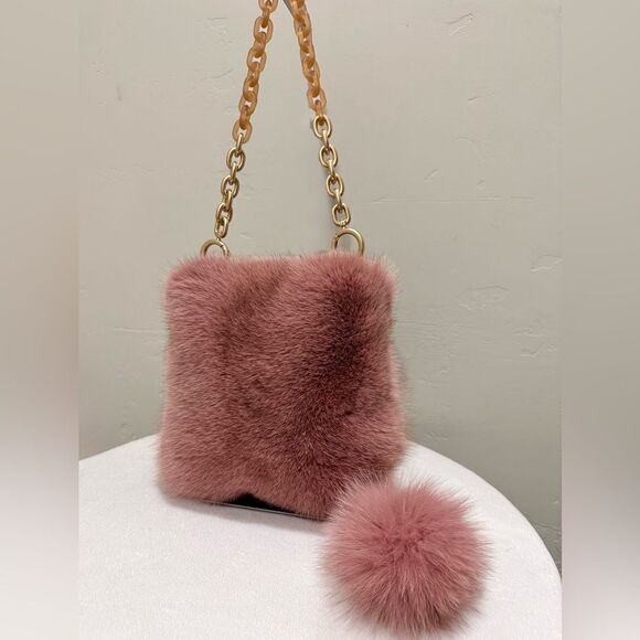 Dusty Rose Premium Real Fox Fur Wristlet/Phone Pouch/Crossbody & Fur Ball Charm - Picture 5 of 14